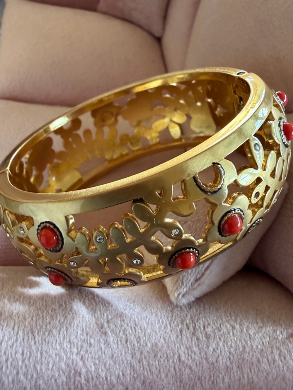 Brighton Francesca Gold Filigree Hinged Bangle with Red Cabochons NWOT